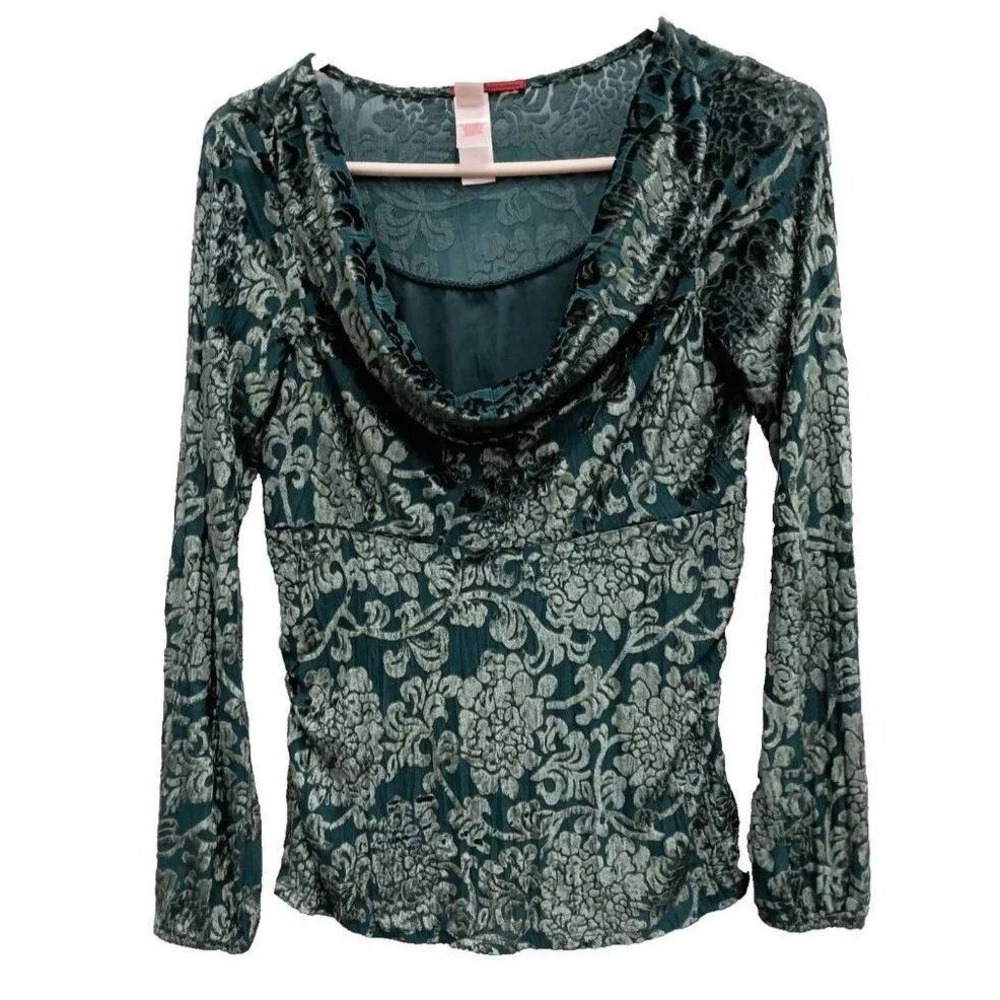 VTG Y2K Tapemeasure Babydoll Top Women Small Green Velvet Burnout Floral BOHO
